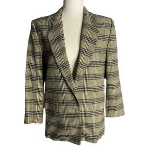 Vintage 70s Wool Blazer Jacket 10 Black Tan Plaid Lined Notch Collar Button